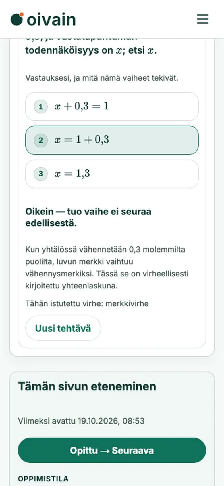 Todennäköisyyslaskennan kurssi puhelimessa: etsi virheellinen vaihe -tehtävä ratkaistuna.