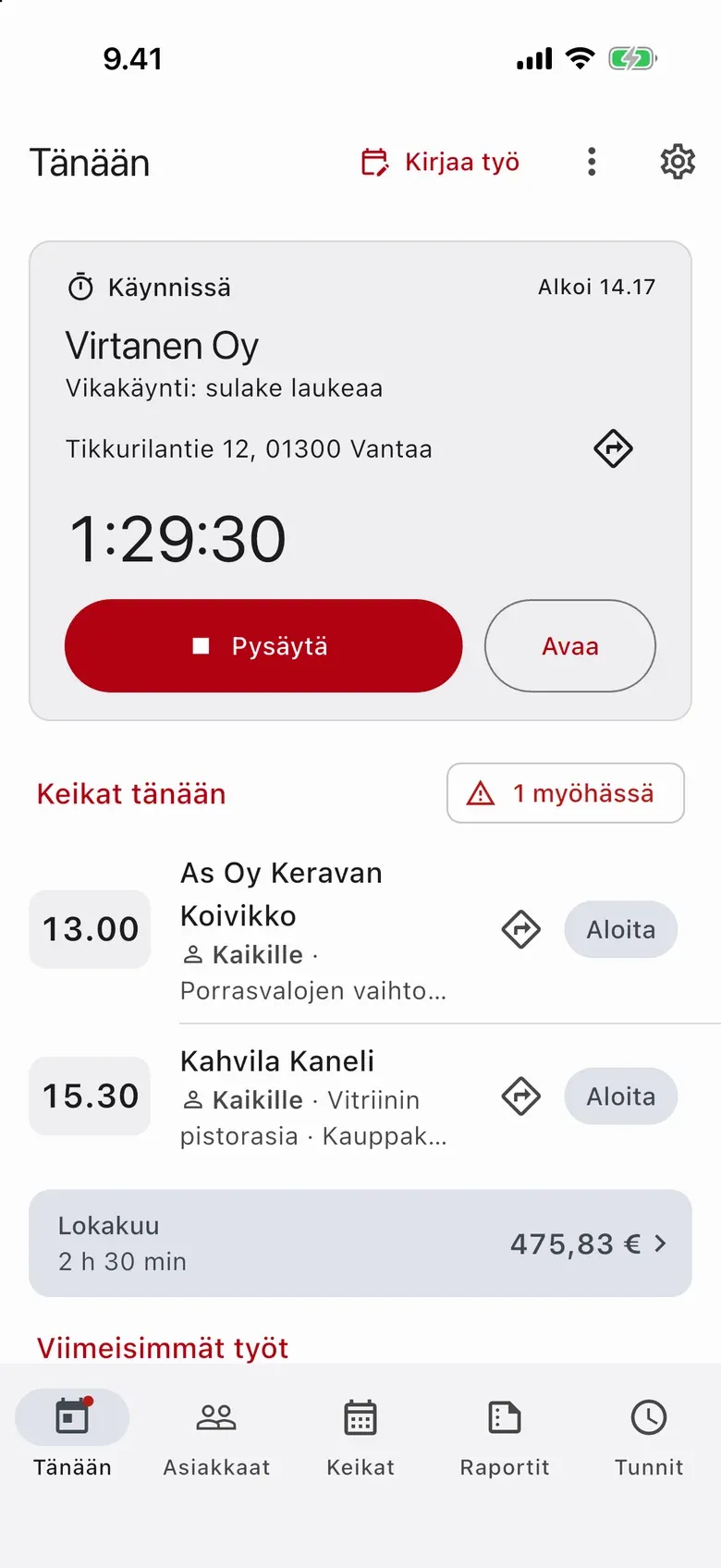 Joppii puhelimessa: Tänään-näkymä, kello käy ja päivän keikat alla.
