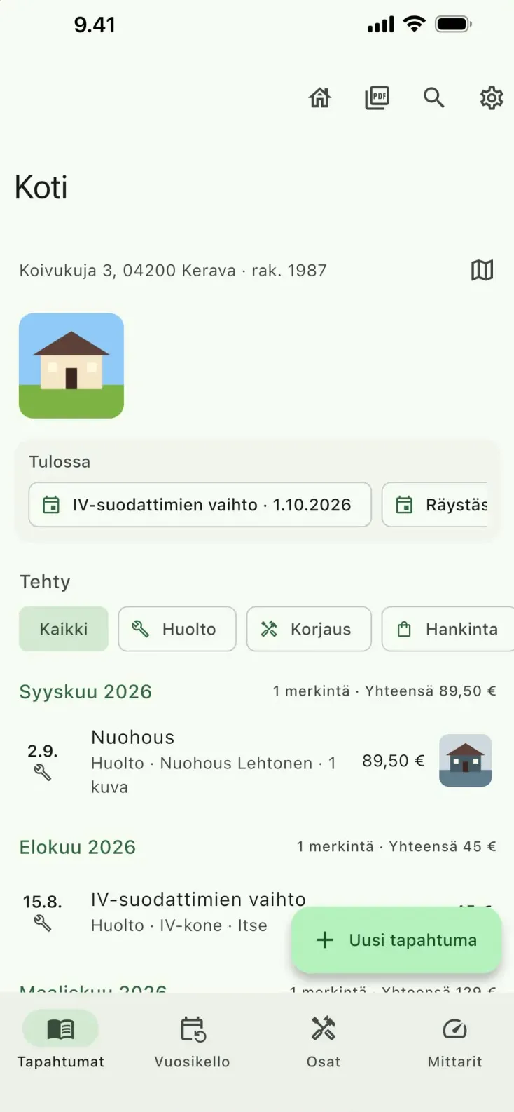 Räystäs puhelimessa: kodin tapahtumat, tulossa olevat huollot ja tehdyt työt.
