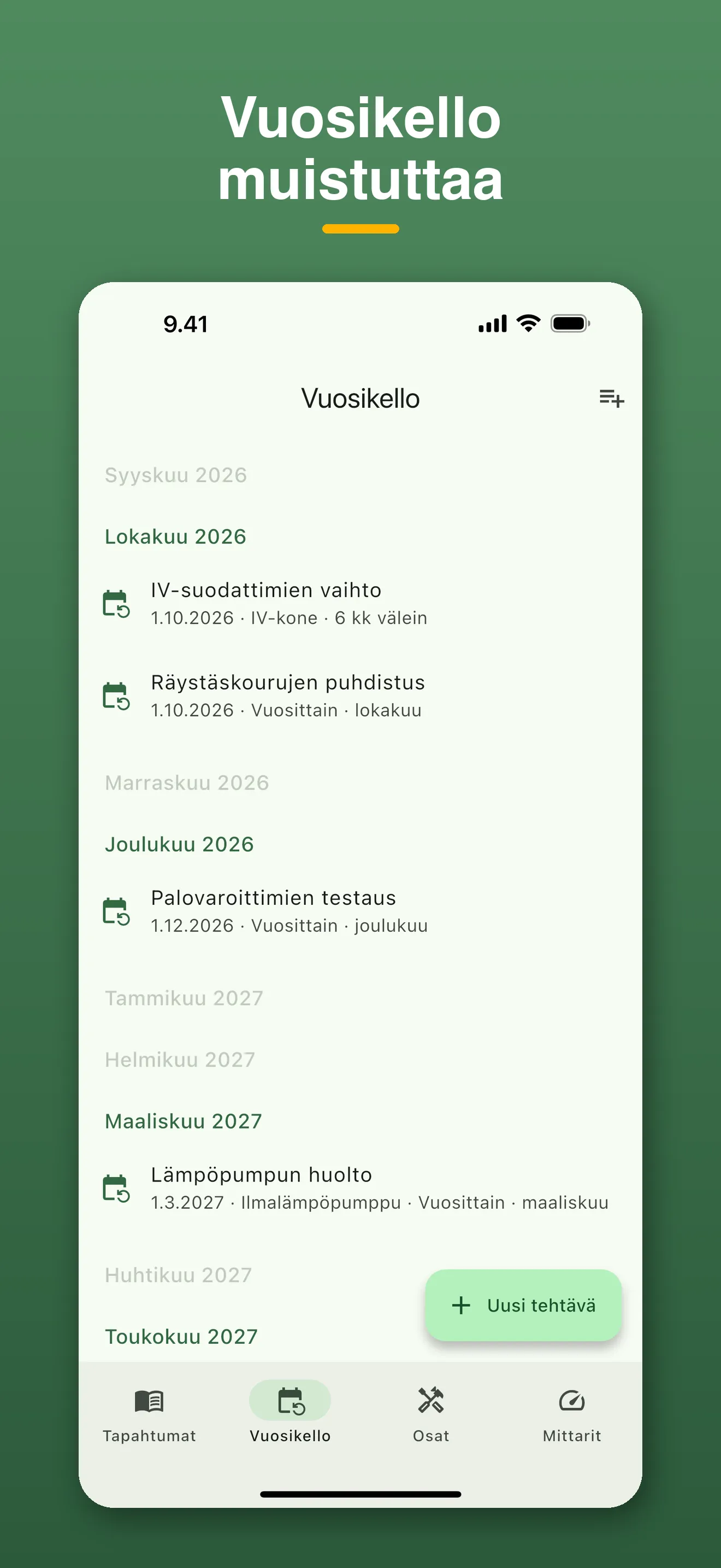 Vuosikello näyttää tulevat huollot kuukausittain.
